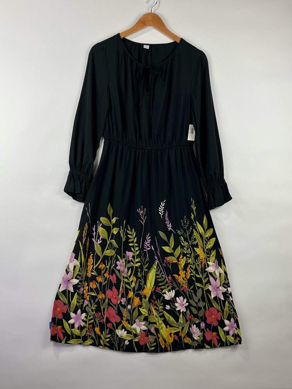 Old Navy NWT Floral Border Print Midi Dress Tie Neck Ruffle Sleeve Cottagecore